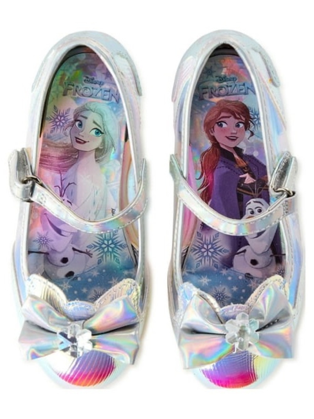 Disney Frozen Elsa Anna Olaf Holographic Silver Bow Mary Jane Shoes Girls